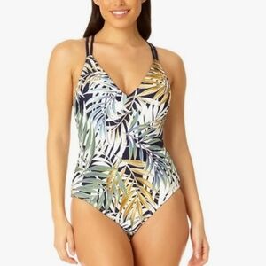 Hurley Tropical Blue Green Brown White Floral One Piece Swimsuit Women Sz L New